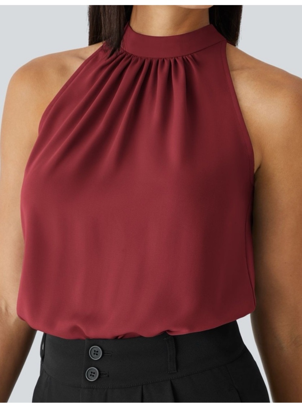 NWT Halara Maroon Keyhole Back Halter Sleeveless Curved Hem Work Blouse Size L